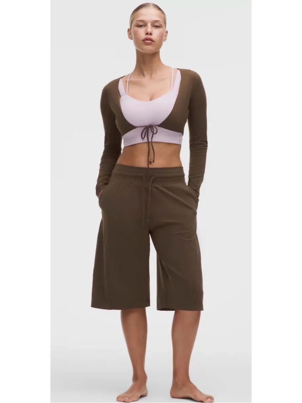 Brown Wide-Leg Cropped Drawstring Pants